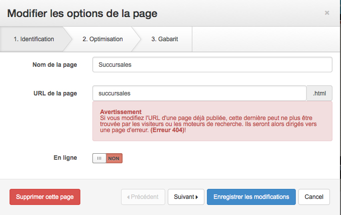 Changer l'adresse URL d'une page