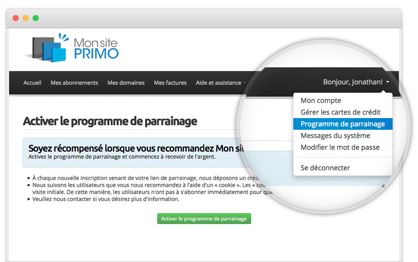 Activer le programme de parrainage pour Mon site Primo